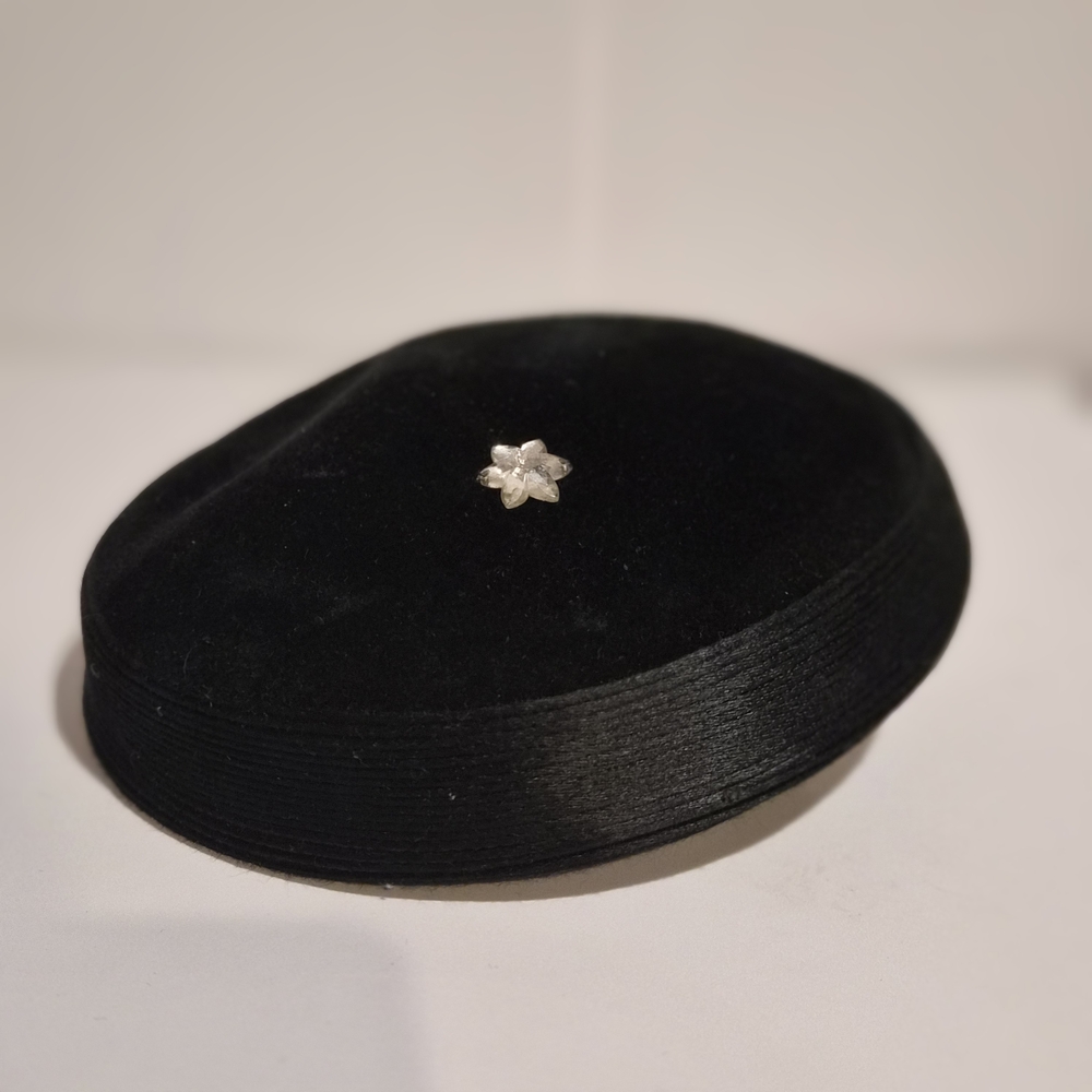 Classic Black Velvet Beret with Silver‎ Flower Accent